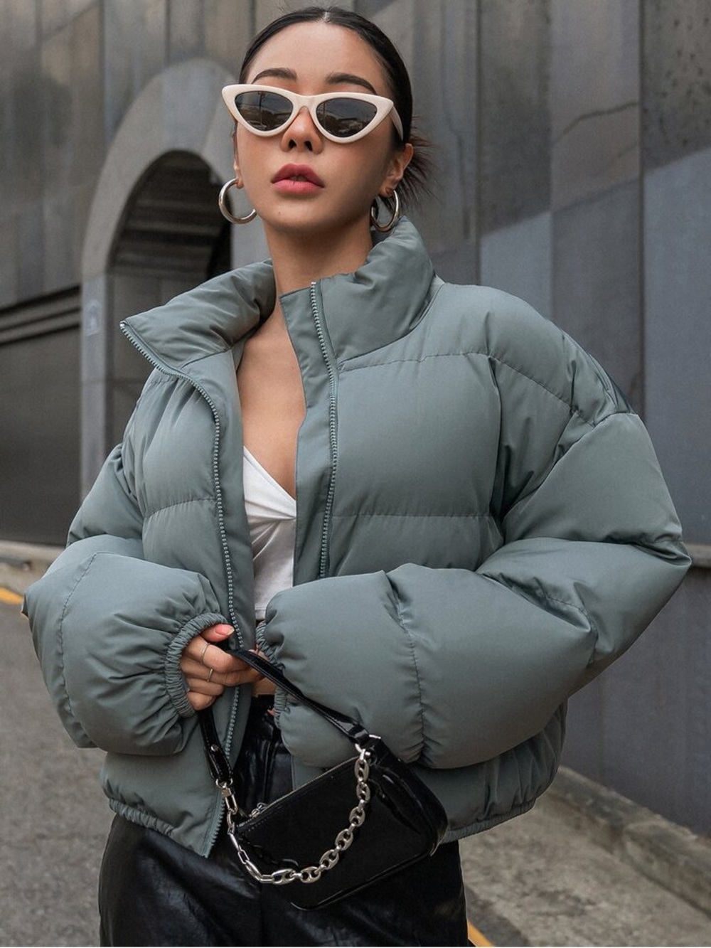 Women's Sage Green Puffer Jacket - Trendy Warm Winter Coat